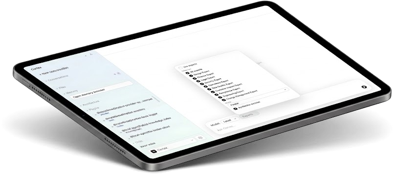 Cortex on a tablet: the workspace sidebar listing plugins, memory and skills beside a conversation with the expert panel open
